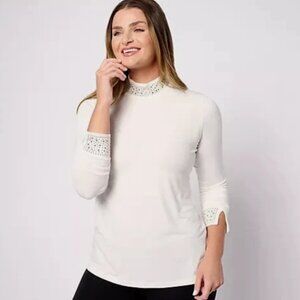 Susan Graver Liquid Knit Embllshd Mock-Neck Top-Vintage Ivory-1X-NEW-A623467